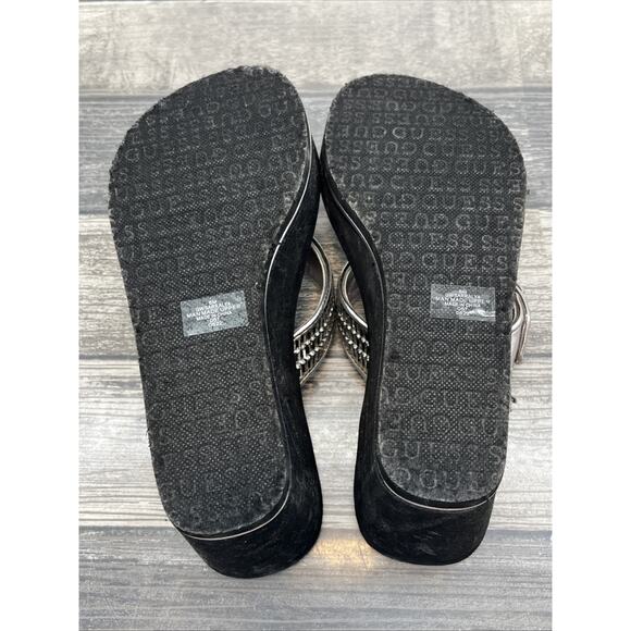 GUESS-“SARRALY” WOMEN SIZE 6M BLACK w/PEWTER~SILVER RHINESTONES WEDGE FLIP FLOPS - Picture 7 of 8